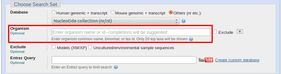 blastn organism selection