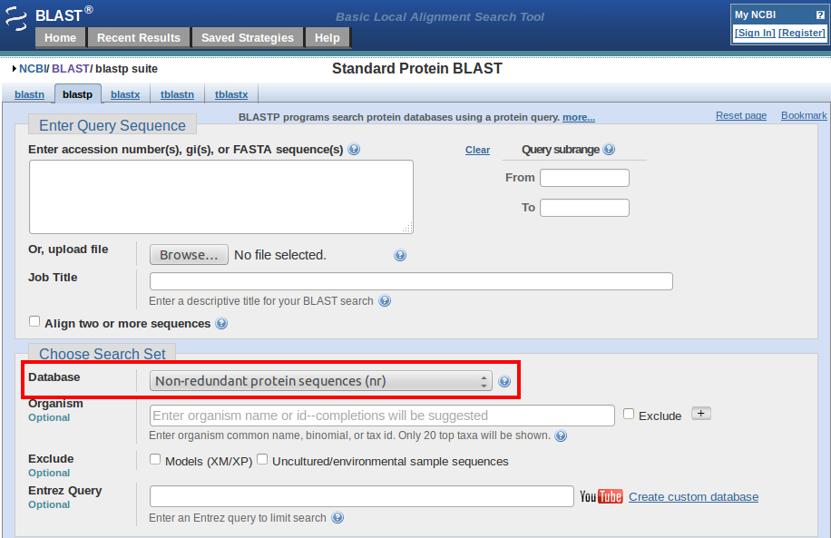 blastp database selection