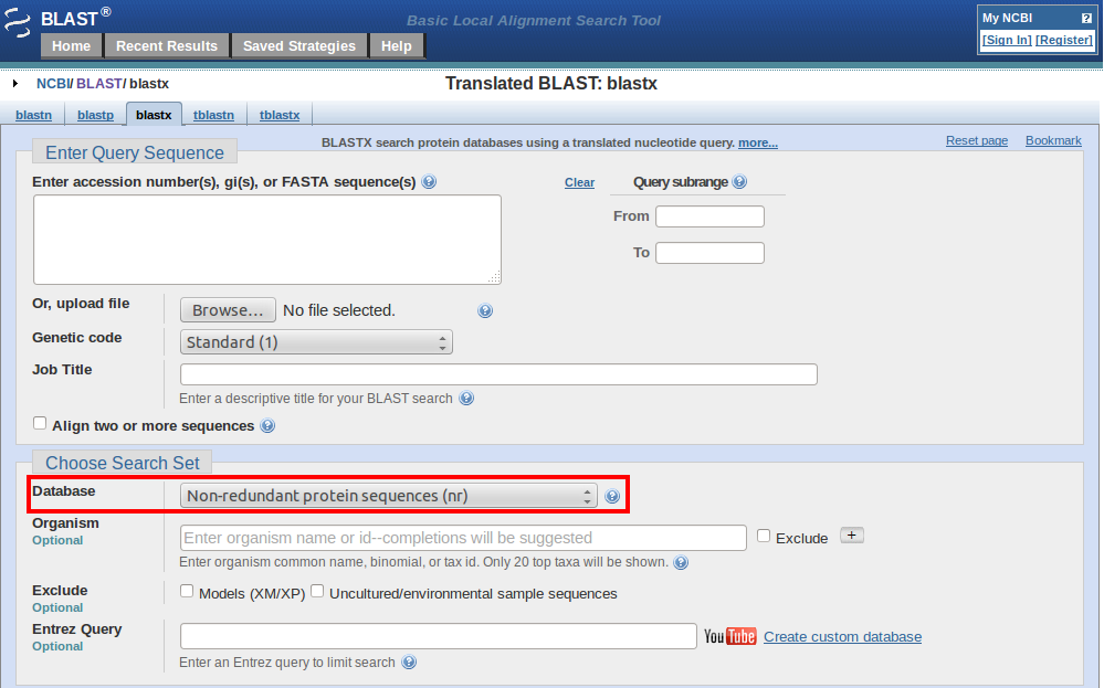 blastx database selection