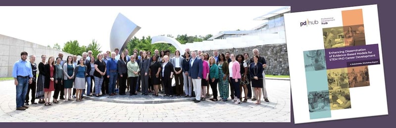 Group photo of the participants in the pd|hub workshop and the cover of the report on the right of the photo.