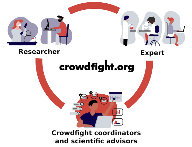 Flowchart showing the connections Crowdfight coordinators and scientific advisors make between researchers and experts.