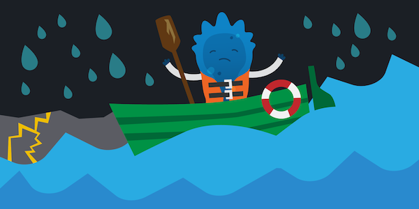 Blugene stands with a life jacket on with an oar in a blue boat with an attached life saver. The waves below are choppy and it's raining with dark storm clouds and lightning. Blugene looks uphappy.