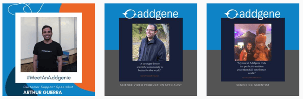 A screen shot of the Meet an Addgenie series on Instagram. Three square photos of Addgenies left to right, each in a blue border