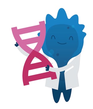 Addgene's mascot Blugene is wearing a lab coat and holding up a big piece of pink DNA