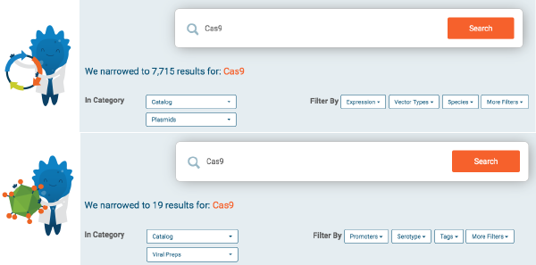 Different filter options when searching for plasmid versus virus