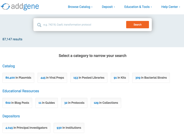 Categories used in Addgene's search engine
