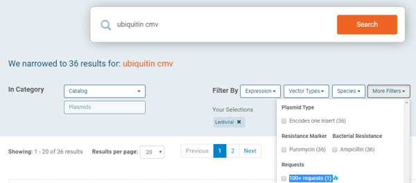 Addgene new search filters 3