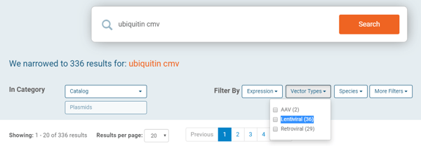 Addgene new search filters