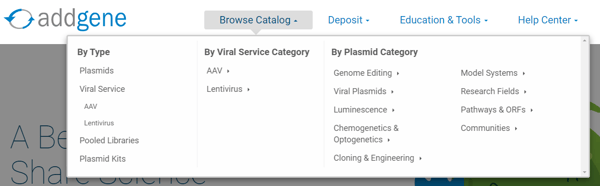 Addgene plasmid categories in drop down menu