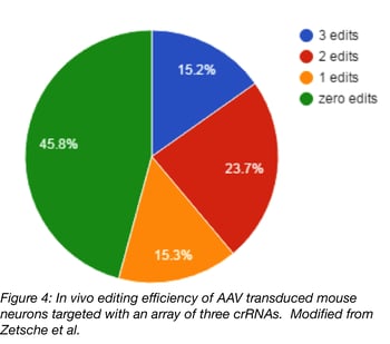 pie graph of in vivo editing efficiency of AAV transduced mouse neurons targeted with an array of three crRNAs