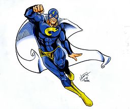 A superhero dressed in blue flying