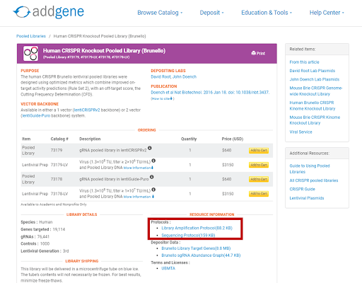 Screenshot of the Addgene Human CRISPR Knockout Pooled Library webpage