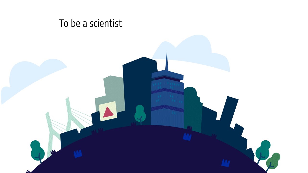 A moving gif shows three scenes on a rotating globe, under the words: "To be a scientist is to join a story of discovery." The first scene is the Boston skyline. The second is a small red building surrounded by trees. The third is a larger green building with a path leading to it. 