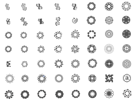 Over 50 small black and white examples of logo ideas. They are primarily circular, with many showing helical or other geometric motifs.