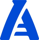 Addgene's icon is a solid blue A. The legs of the A are slightly curved to imply a helical DNA backbone, while two horizontal lines cross the A and serve as DNA bases. Negative space implies the left backbone crossing over the right.
