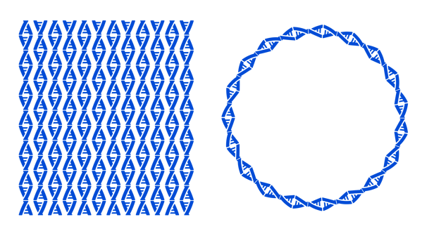 Two images of Addgene's icon arranged in a pattern. The icon, arranged head to head and foot to foot, creates a repeating pattern that looks like a strand of DNA. This pattern is shown in vertical stripes and in a circle reminiscent of a plasmid.