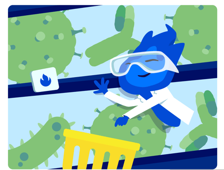 A smiling mascot, Blugene, peruses displays of bacteria, viral particles, and antibodies with a shopping cart.