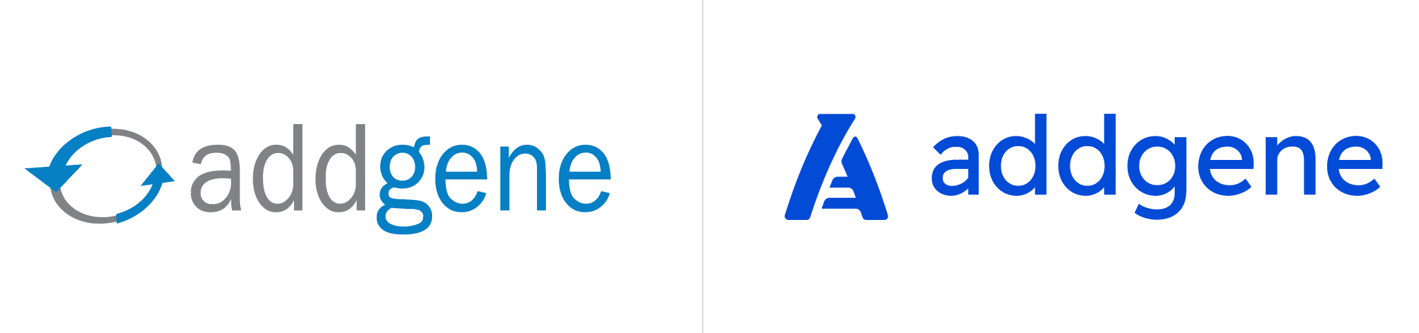 Addgene's old and new logos side by side. Addgene's old logo showed two arrows on a circle, representing a plasmid. Addgene's new logo is the letter A formed by a twist of DNA. Both logos show "addgene" in lowercase and primarily use the color blue.