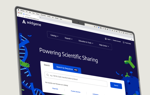 An image of a laptop screen showing Addgene's website. The tagline "Powering Scientific Sharing" is prominently displayed.
