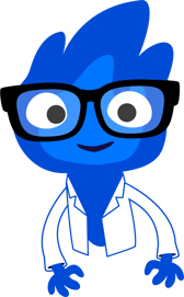 Blugene is a stylized mascot whose head forms a blue flame. They are smiling and wearing a lab coat and glasses.