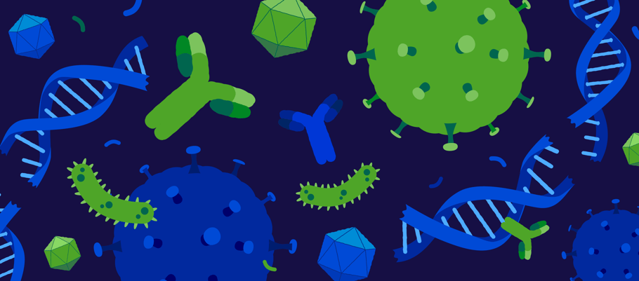 A colorful, stylized illustration of scientific materials. DNA, bacteria, viral particles, and antibodies overlap at different sizes in shades of blue and green. 