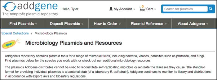 Addgene Microbiology Collection Screenshot