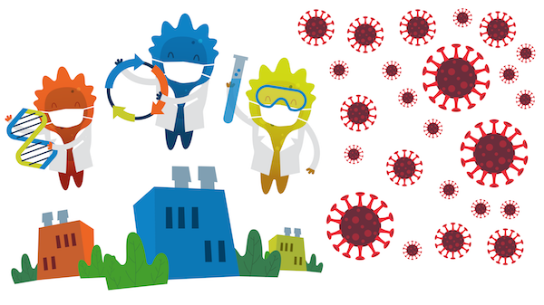 graphic showing three Blugene's holding DNA, plasmid, and a vial. Blugenes are above buildings and next to SARS-CoV-2 icons