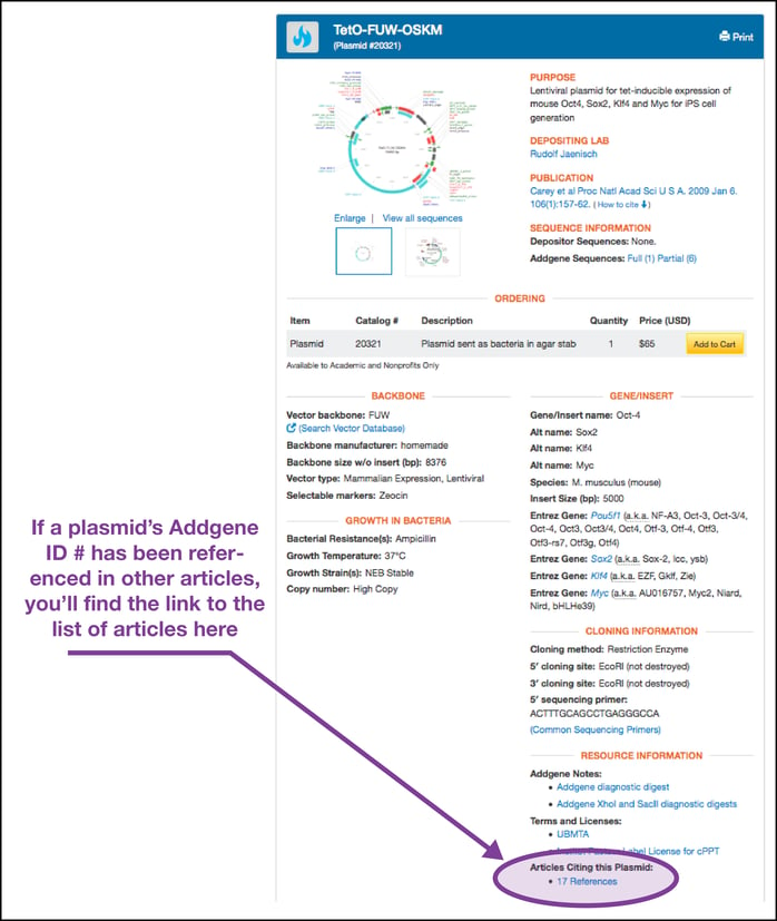 Figure showing where to find the link to "Articles Citing this Plasmid" link on a plasmid description page.