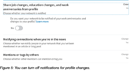 Switching notifications for profile changes in LinkedIn