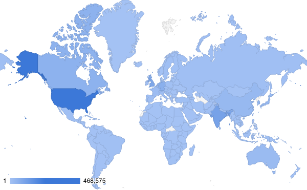 A map of the world. The USA is darkest blue; India, Germany, and the UK are medium blue. Turkmenistan, Central African Republic, North Korea, Western Sahara, and Svalbard have no color. All other countries are light blue.