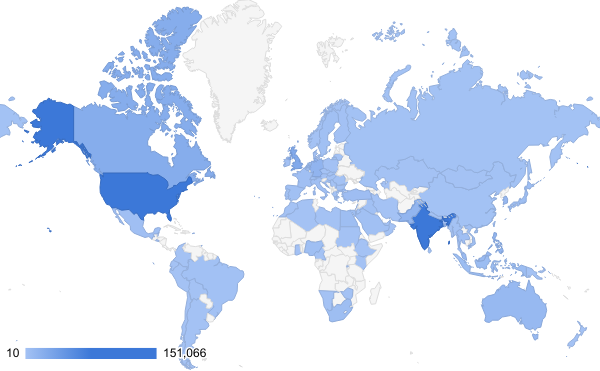 A map of the world, with many countries in light blue. The USA and India are dark blue; the UK is medium blue. There are multiple countries in Eastern Europe, Africa, and South and Central America that, along with Greenland, Iceland, and Svalbard, are not colored in.  