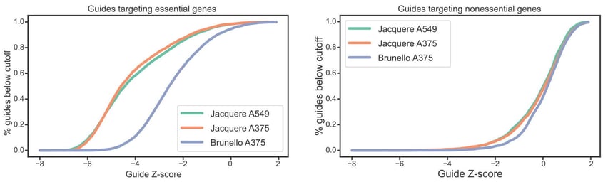 Two data panels showing Guide Z-score on the x axis, from -8 to 2, and % guides below cutoff, from 0 to 1, on the X axis. Three datasets are plotted on each chart: Jacquere in A549 and A375 cells, and Brunello in A375 cells. The first panel shows guides targeting essential genes. Brunello shows a smooth S-shaped curve, rising from 0% of guides at a Z-score of approximately -5 to 100% of guides at a Z-score of approximately 1. Both Jaquere datasets are significantly shifted toward more guides below the cutoff, rising from 0% of guides at a Z-score of approximately -7 to 100% of guides at a Z-score of approximately -1.  The second panel shows guides targeting non-essential genes. All three datasets rise from 0% of guides at a Z-score of approximately -3 to 100% of guides at a Z-score of approximately 2. The Jacquere datasets are slightly shifted toward more guides below the cutoff, especially between Z-scores of -2 and 0.