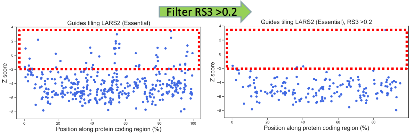 Two panels of data showing "Guides tiling LARS2 (Essential)" with "Position along protein coding region (%)" from 0-100 along the x axis and "Z score" from -8 to 4 along the y axis. A red box highlights the region with a Z score of -2 and above. In the first dataset, most data points fall outside this box (with lower Z scores), but a few are scattered inside it. An arrow points to the second dataset reading "Filter RS3 >0.2." In the second dataset, almost all data points fall outside the red box, with a few points right on the border and only one point significantly above a Z score of -2.