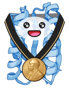 A decorative image depicting the protein structure of Top7 with a cartoon happy face wearing a Nobel Prize on a ribbon.