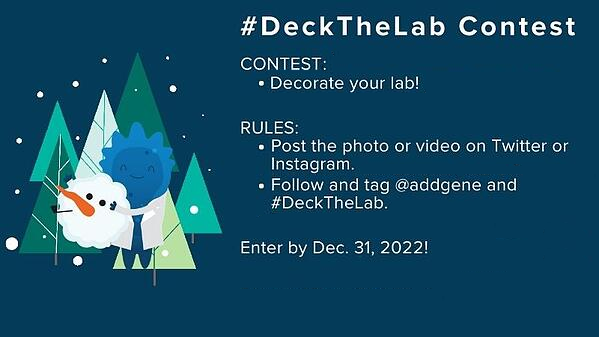 An image of Blugene hugging a snowman head in front of trees, with text to the right listing out the rules of the Deck the Lab contest, available in the linked blog post.