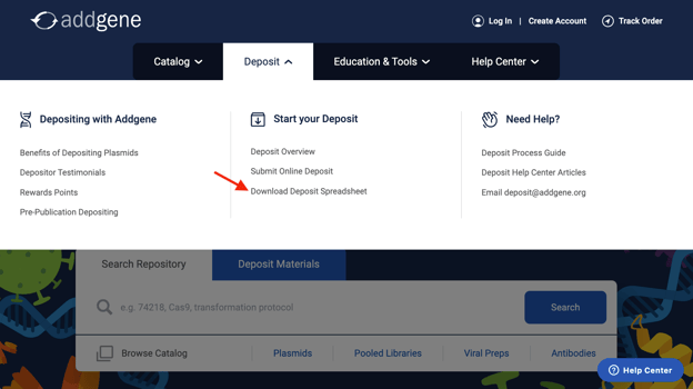 A screenshot of the Addgene home page with an arrow pointing at Download Deposit Spreadsheet on the Deposit drop-down menu.