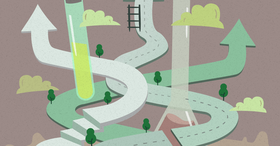 Illustration of winding roads shaped like arrows weaving through oversized laboratory glassware, including a test tube and flask. The roads curve, split, and rise upward, with stairs and a ladder along the paths, suggesting multiple routes to progress.