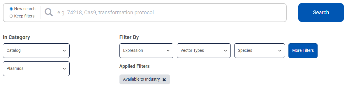 A screenshot showing addgene.org/search, searching the plasmid catalog with the "Available to Industry" filter applied.