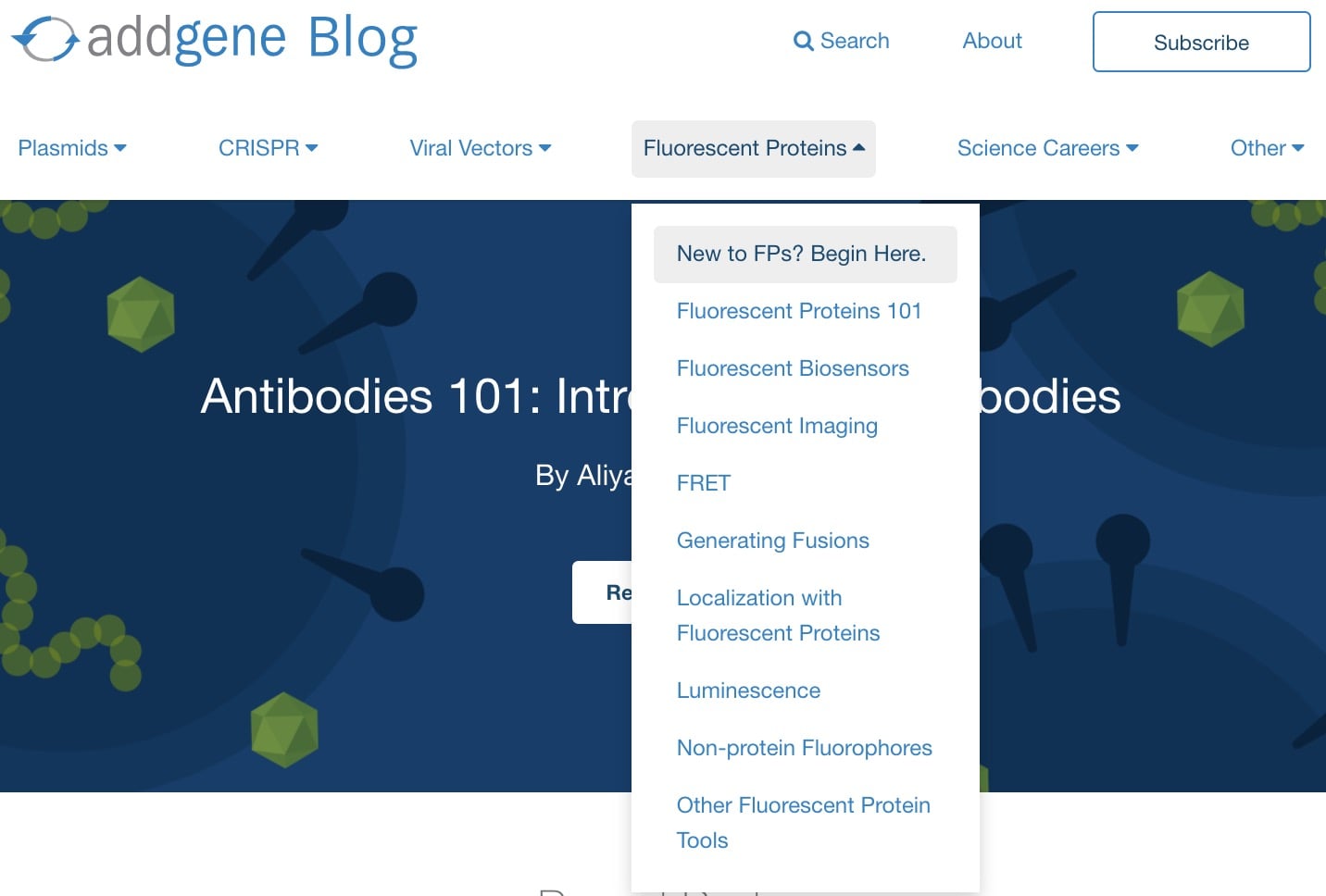 Screenshot of the Addgene blog with a large blue banner in the background and a menu that pops up in front of the banner.