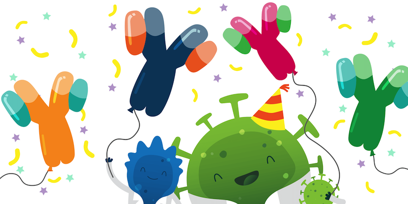 Addgene mascots Blugene and Aavery holding balloons shaped like antibodies