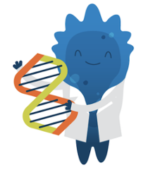 A smiling Blugene holds DNA