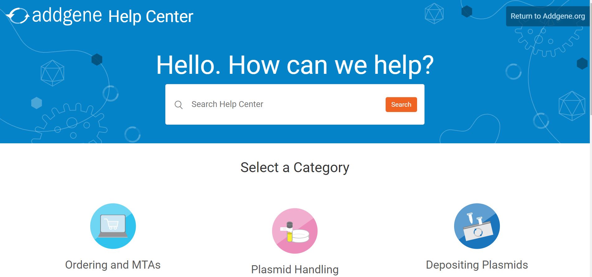 The front page of the Addgene Help Center. 