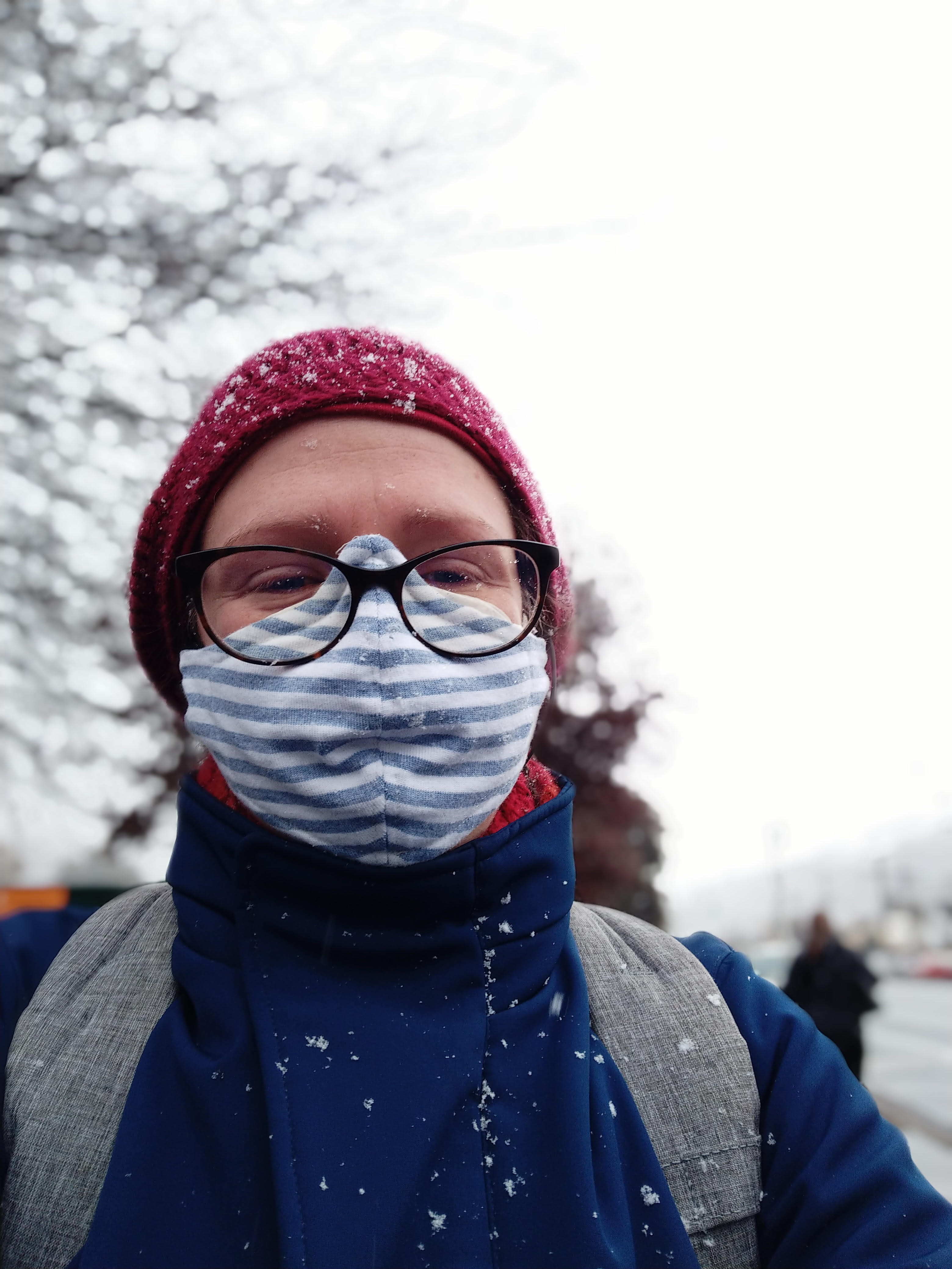 The author wearing a homemade face mask on a snowy day. 